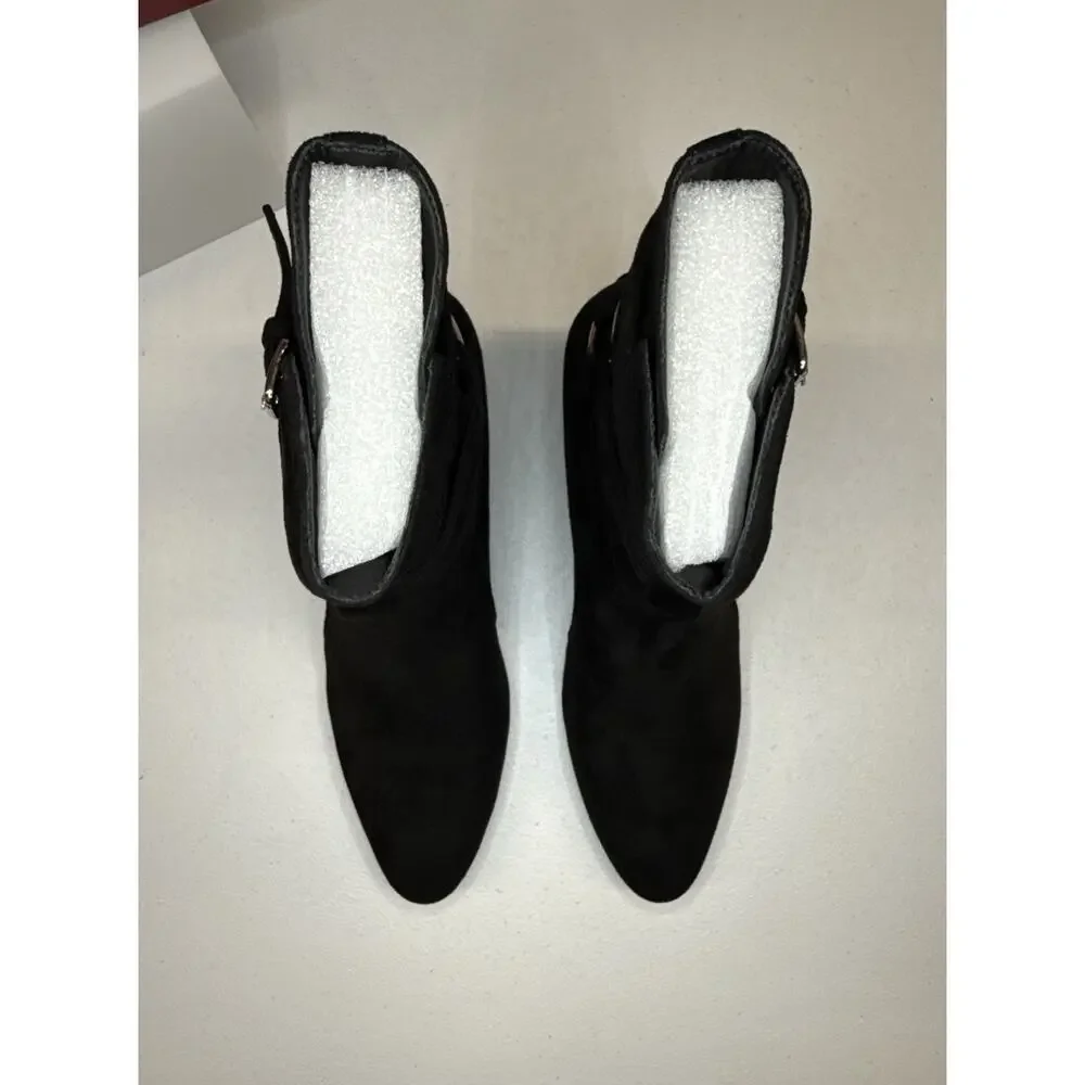 YDN Black Suede Boots Buckle Wrap Strap Block Heel Booties Women’s Size 8